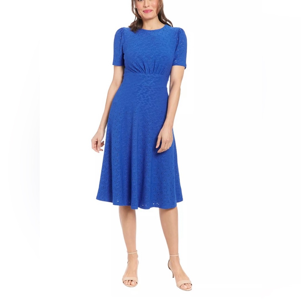 London Times Royal Blue Eyelet midiDress lined short sleeve size 12